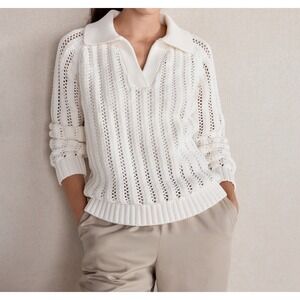 Haven Well Within Chunky Open Stitch Johnny Collar Knit Sweater White‎ Medium